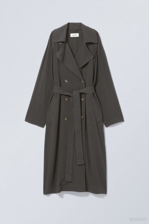 Weekday Julie Linen Mix Trench Ciemny Szare | PUQX9831
