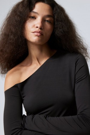Weekday Kiara One Shoulder Top Czarne | DQCA3124