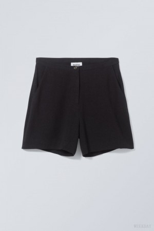 Weekday Kit Linen Mix Shorts Czarne | BVRX8339