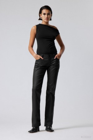 Weekday Lana Coated Trousers Czarne | BOYL3981