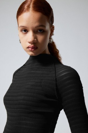 Weekday Laura Long Sleeve Pofałdowany Top Czarne | ZOGZ3187