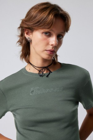Weekday Lean Fit Embroidered T-shirt Ciemny Szare | EWLZ3017