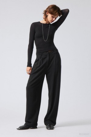 Weekday Lilah Linen Mix Trousers Czarne | BKUG3239