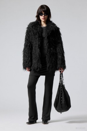 Weekday Lilith Waisted Faux Fur Jacket Czarne | VFCZ6376