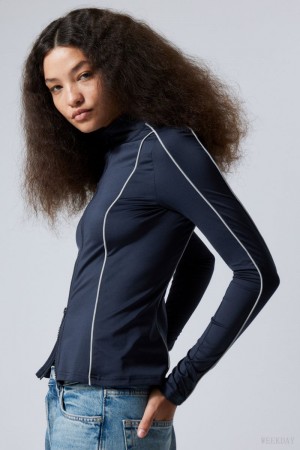Weekday Lionella Piping ZIp Longsleeve Ciemny Niebieskie | GHJR1070