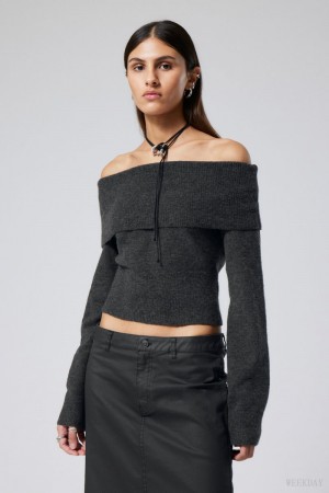Weekday Lolo Off Shoulder Swetry Ciemny Szare | ARGC5969