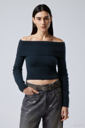 Weekday Lolo Off Shoulder Swetry Granatowe | DGZF1289