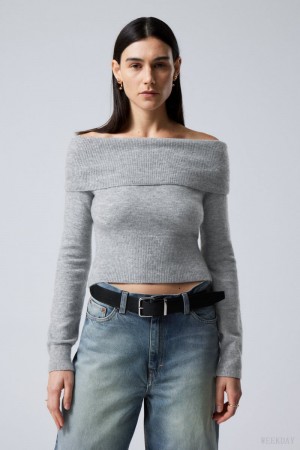 Weekday Lolo Off Shoulder Swetry Szare | ZOGW9069