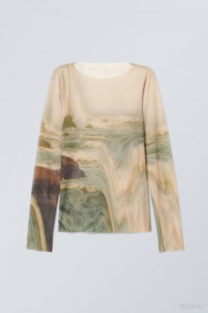 Weekday Long Sleeve Printed Mesh Top Blurred Landscape | YLCN0288