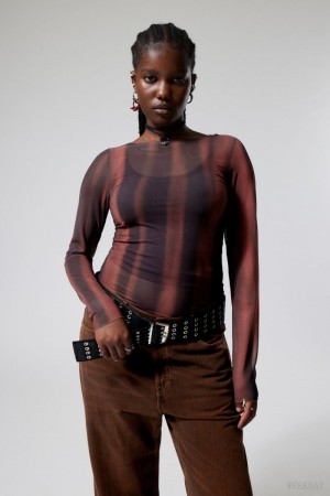 Weekday Long Sleeve Printed Mesh Top Czerwone | HXKJ6932