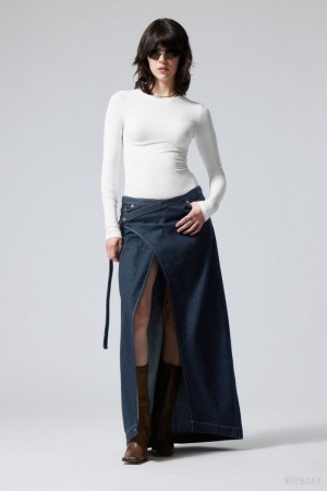 Weekday Main Denim Long Wrap Skirt Niebieskie | VSAV2427