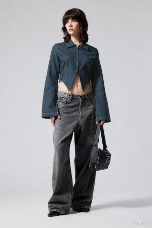 Weekday Main Denim Split Front Zip Shirt Niebieskie | LDJS8033