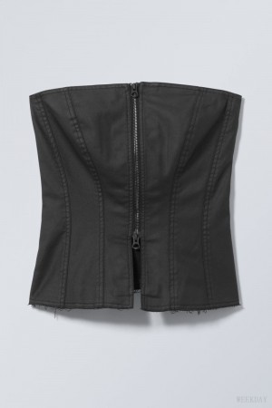 Weekday Meggie Coated Zip Corset Czarne | ILFJ9168