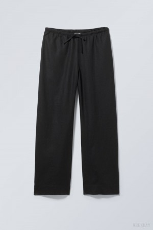Weekday Mia Linen Mix Trousers Czarne | IBMQ7063