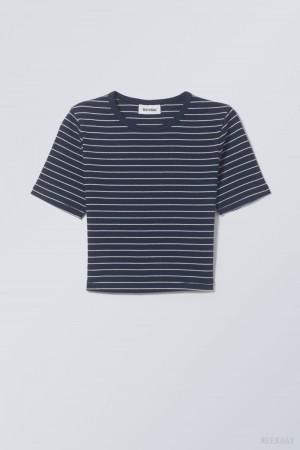 Weekday Mini Rib Crop Top Ciemny Niebieskie | EZEP0078