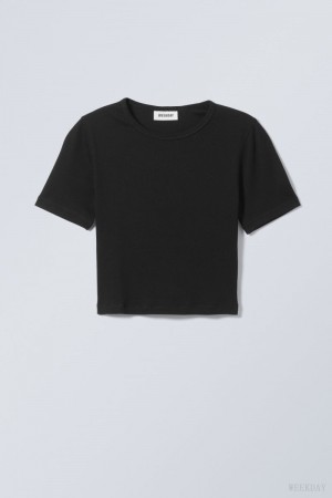 Weekday Mini Rib Crop Top Czarne | SBIL8771