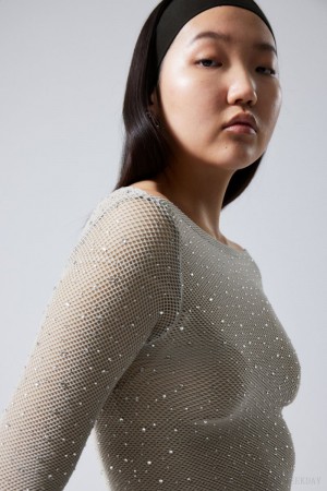 Weekday Net Rhinestone Long Sleeve Top Szare | LTMY0843