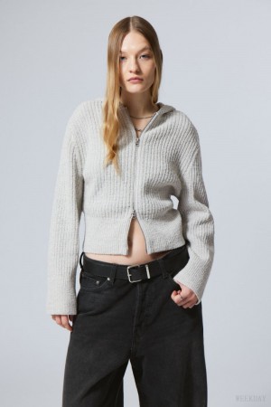 Weekday Ofelia Rib Knit Zip Hoodie Białe | RCXR3218