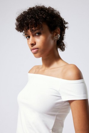 Weekday Off Shoulder T-shirt Białe | SPJS4364