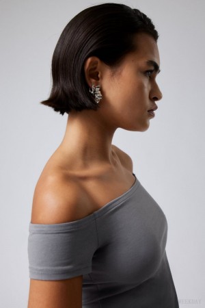 Weekday Off Shoulder T-shirt Ciemny Szare | WXUW5250