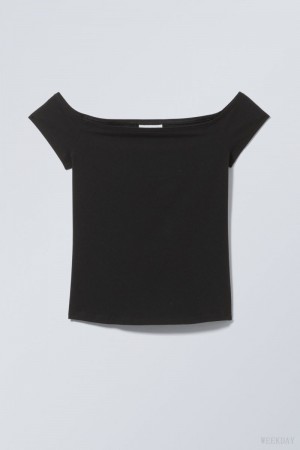 Weekday Off Shoulder T-shirt Czarne | YJAO0753