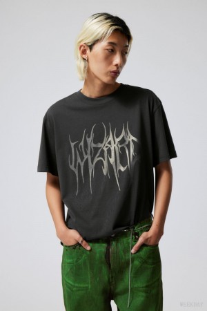 Weekday Oversized Grafiką Printed T-shirt Ciemny Szare | JPOM9847