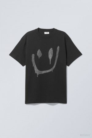 Weekday Oversized Grafiką Printed T-shirt Drippy Rhinestone Smiley | URLF3025