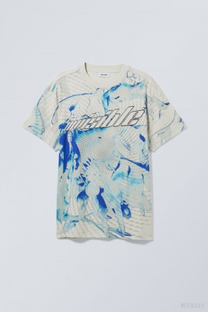 Weekday Oversized Grafiką Printed T-shirt Seahorse Techno | NZLT5950