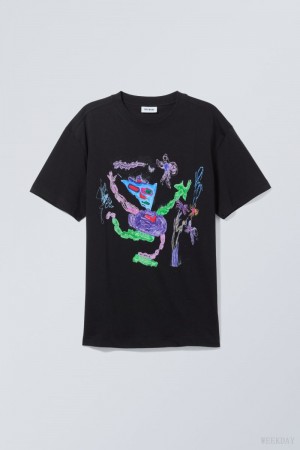 Weekday Oversized Grafiką Printed T-shirt Kwiaty | RJDV6531