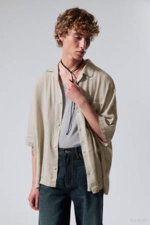 Weekday Oversized Linen Krótkie Sleeve Shirt Ecru | OKBZ1240