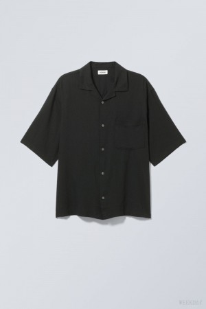 Weekday Oversized Linen Krótkie Sleeve Shirt Czarne | LGJT5471