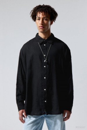 Weekday Oversized Linen Shirt Czarne | TGZS0965