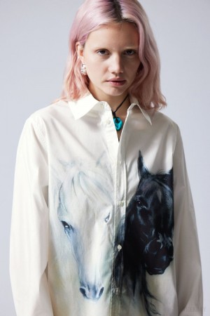 Weekday Oversized Printed Poplin Shirt Białe Czarne | ACYC5114