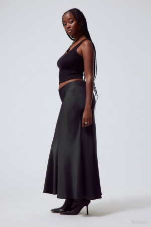Weekday Paige Satin Long Skirt Czarne | BRCD7178
