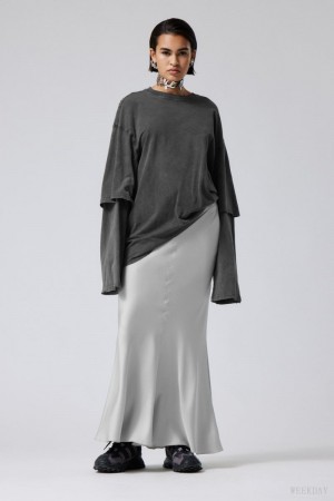 Weekday Paige Satin Long Skirt Głęboka Szare | HMUZ3942