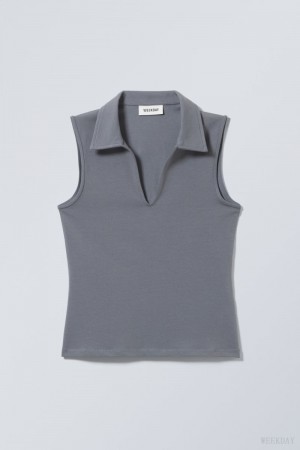 Weekday Phoebe Polo Top Ciemny Szare | WLRQ8531