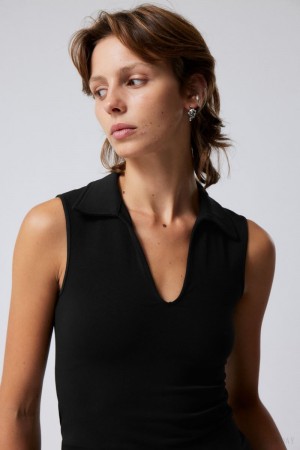 Weekday Phoebe Polo Top Czarne | OHRU5247