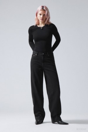 Weekday Rail Mid Loose Prosty Jeans Czarne | YFWR7426