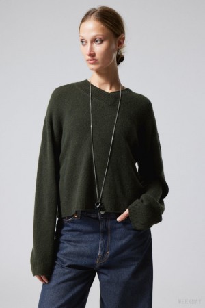 Weekday Reese V-neck Wełna Swetry Ciemny Zielone | IQUG4897