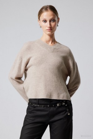Weekday Reese V-neck Wełna Swetry Głęboka | QAOU3158
