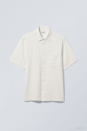 Weekday Relaxed Linen Krótkie Sleeve Shirt Ecru | PUCX9202