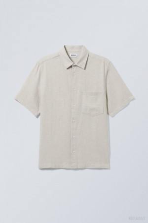 Weekday Relaxed Linen Krótkie Sleeve Shirt Ecru | OBIT8410