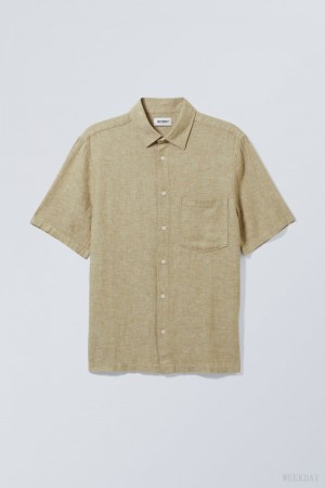 Weekday Relaxed Linen Krótkie Sleeve Shirt Khaki | TXBS8733