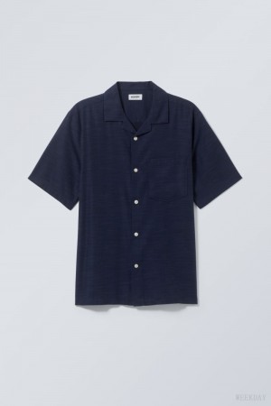 Weekday Relaxed Resort Krótkie Sleeve Shirt Ciemny Niebieskie | RFHB4800