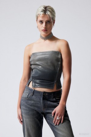 Weekday Rose Denim Coated Corset Top Niebieskie | WILD7996