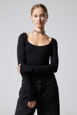 Weekday Scooped Fitted Long Sleeve Czarne | EMYJ8351