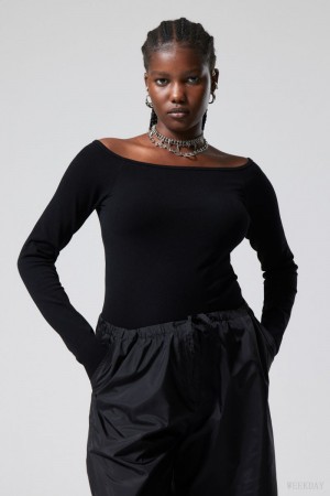 Weekday Seamless Off Shoulder Long Sleeve Czarne | ZLPU5754