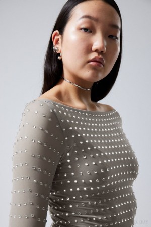 Weekday Sheer Rhinestone Longsleeve Top Szare | AQAK1340