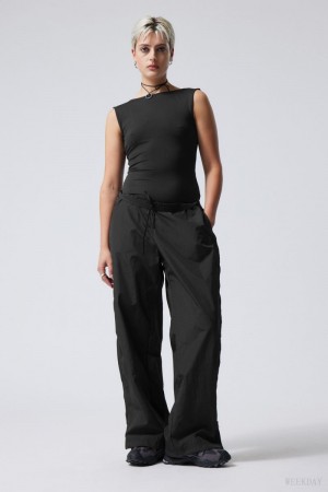 Weekday Simona Side Zip Track Trousers Czarne | DFVD9272