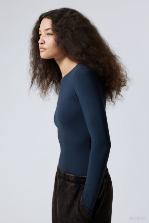 Weekday Slim Fitted Long Sleeve Ciemny Niebieskie | FYRW7888